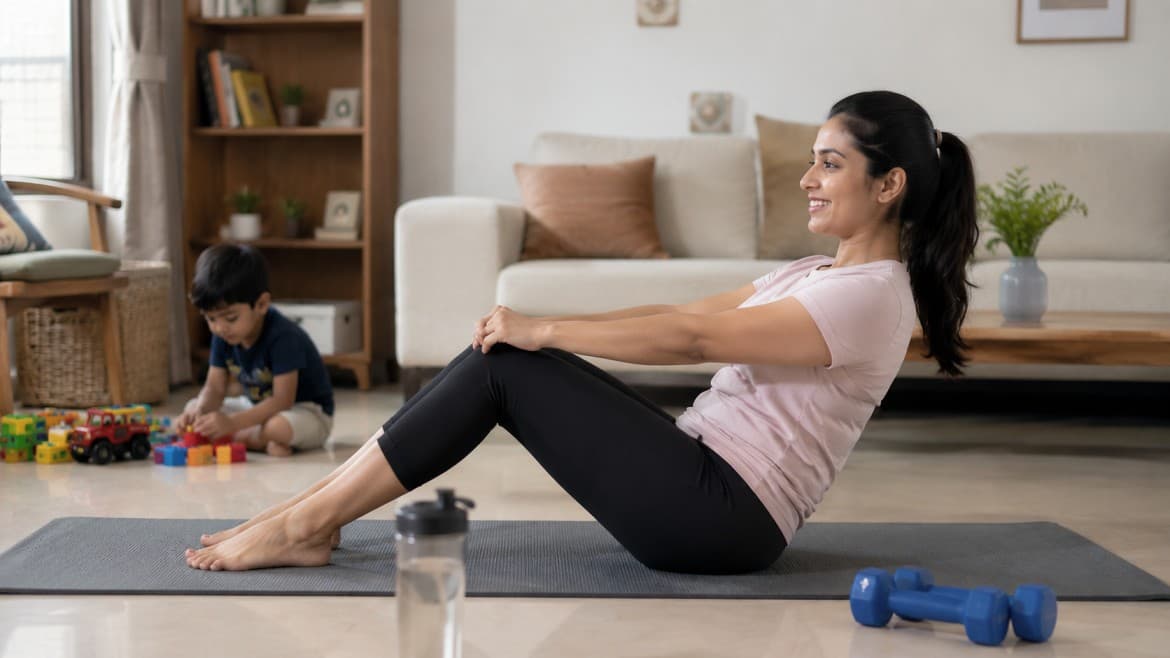 shot of an Indian mother in comfortable workout clothes exercising at home while her child plays nearby