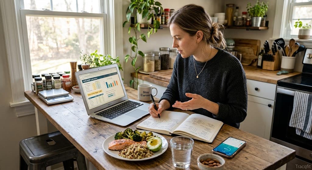 Food scale and notebook used to track daily calorie intake for weight loss